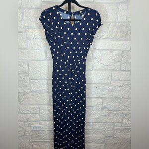 Banana Republic Jumpsuit Extra Small Navy with Beige Polka Dots Front Pockets